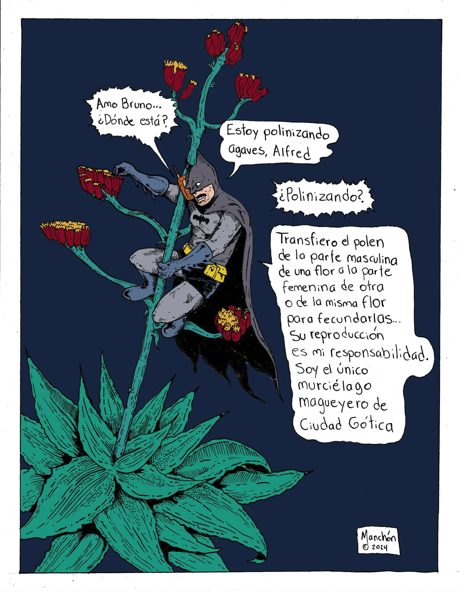 The bat-man pollinates agave plants. El Manchón. Facebook, 2024.